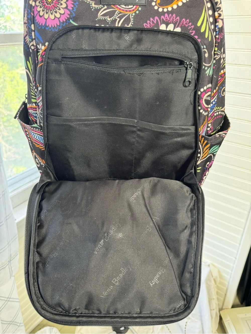 Vera Bradley Black Paisley Floral Print Backpack with Bright Accents